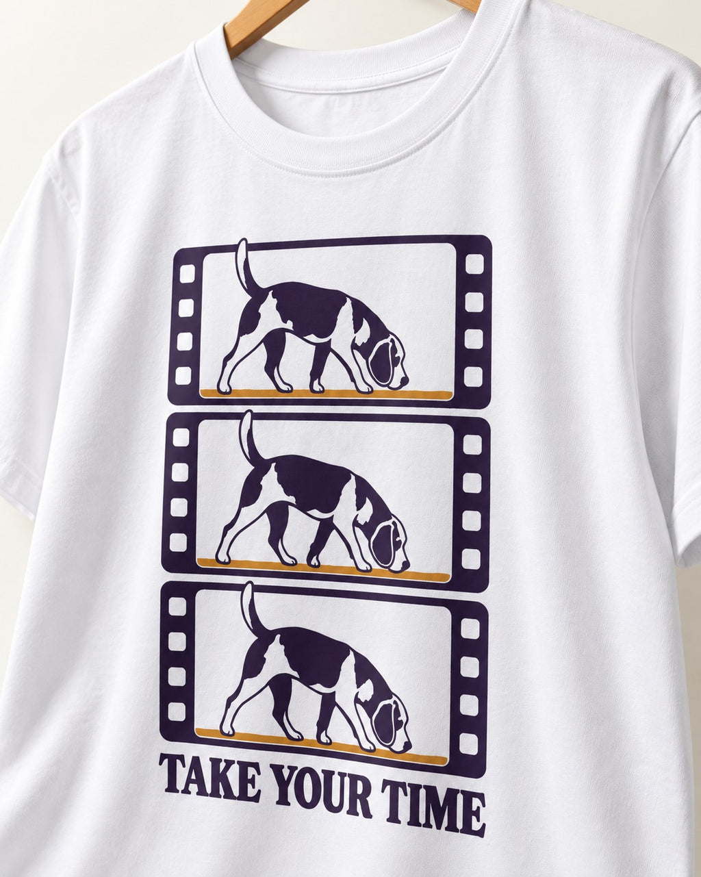Beagle Take Your Time T-Shirt in White, close-up of the graphic