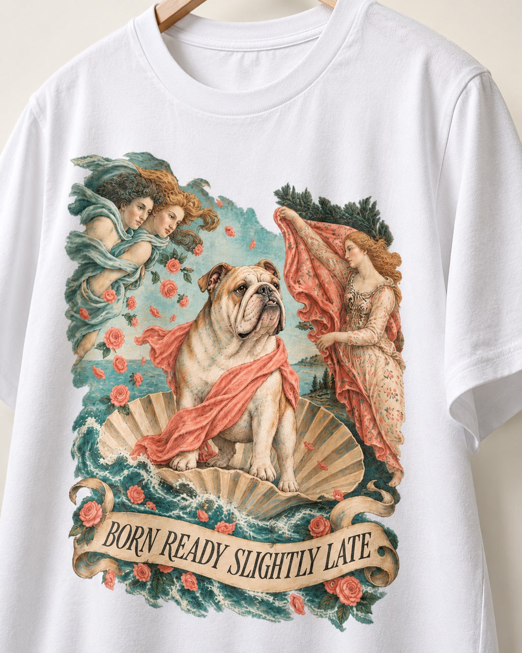 Born Ready Slightly Late English Bulldog T-Shirt in White, close-up of the graphic