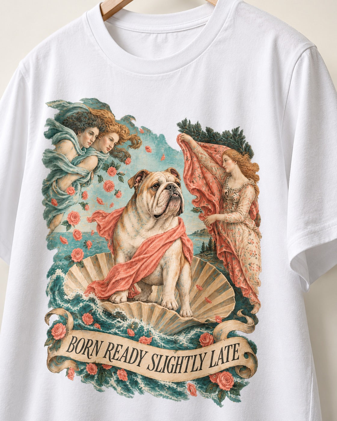 Born Ready Slightly Late English Bulldog T-Shirt in White, close-up of the graphic