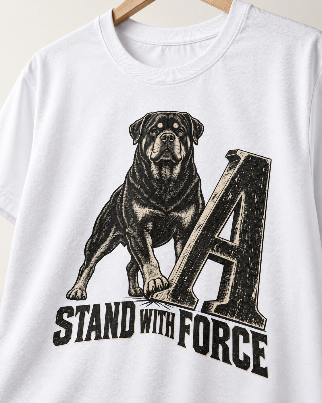 Rottweiler Stand with Force T-Shirt in White, close-up of the graphic