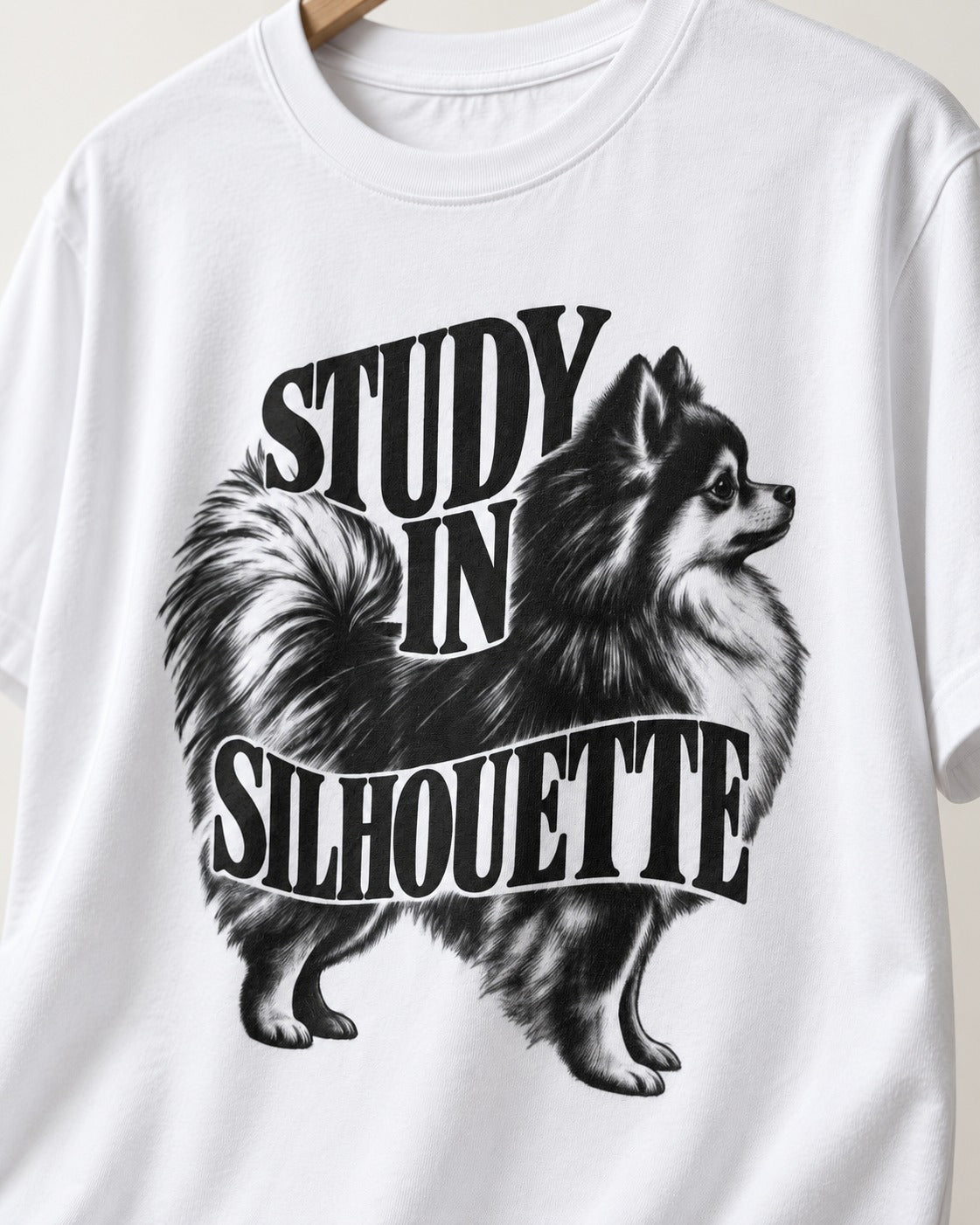 Pomeranian Study in Silhouette T-Shirt in White, close-up of the graphic