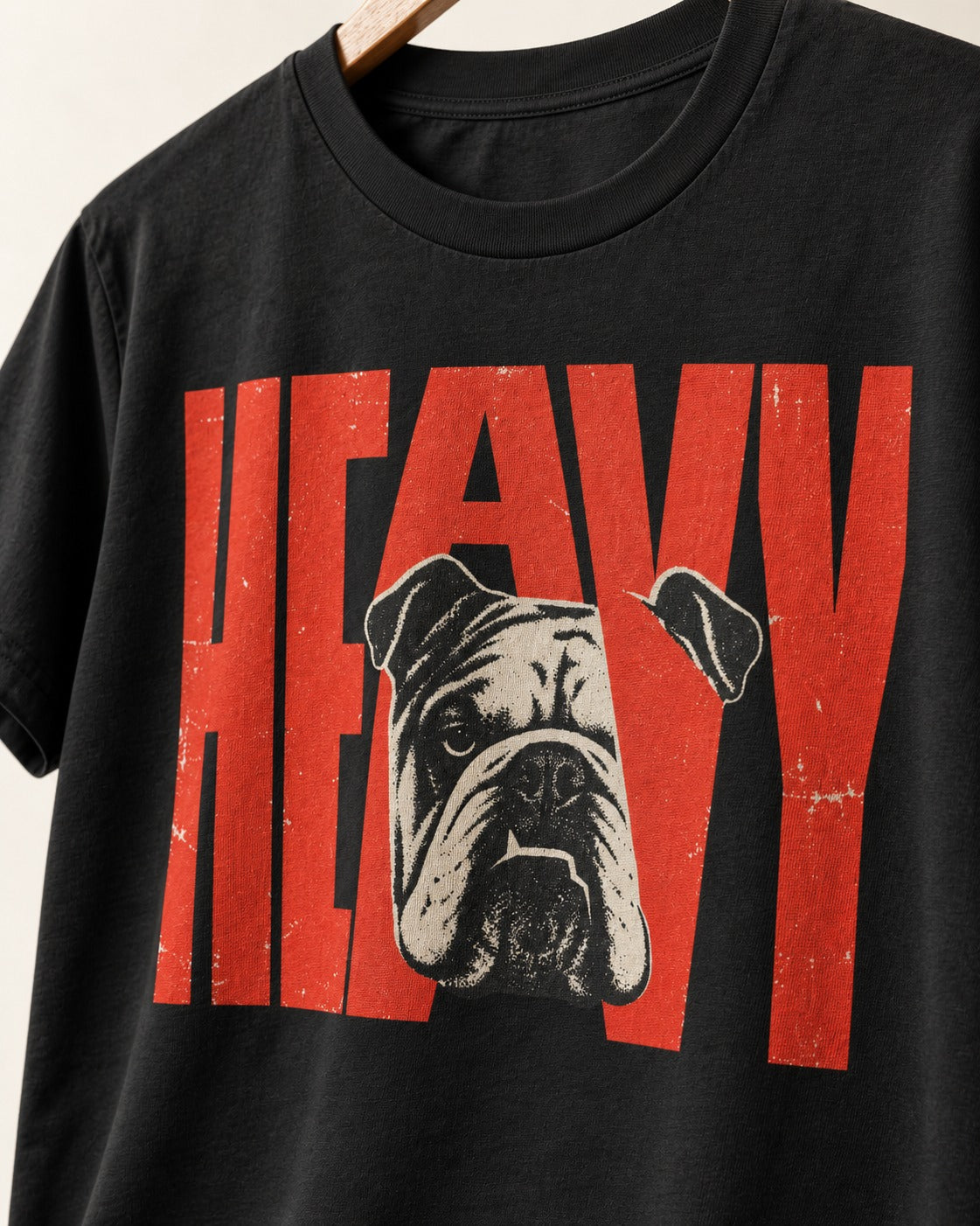 English Bulldog Heavy Stacked Portrait Graphic T-Shirt in Black, close-up of the graphic