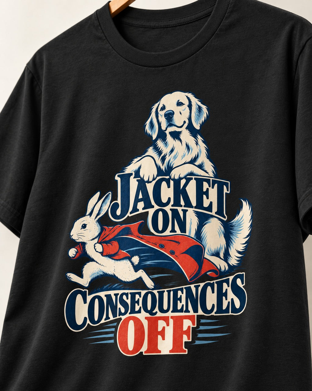Golden Retriever Jacket On Consequences Off Rabbit Chase Graphic T-Shirt in Black, close-up of the graphic