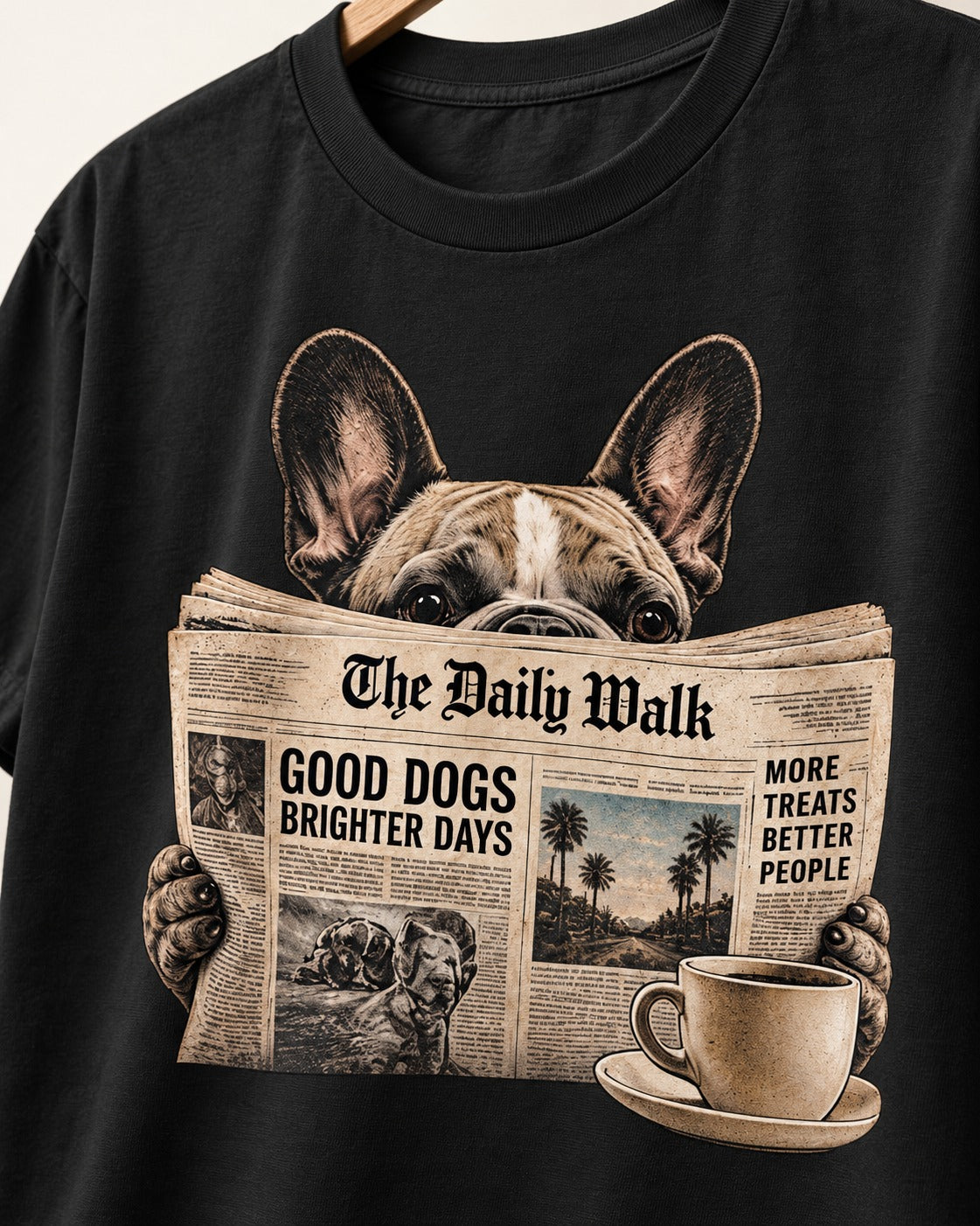 Frenchie Good Dogs Brighter Days Newspaper Graphic T-Shirt in Black, close-up of the graphic