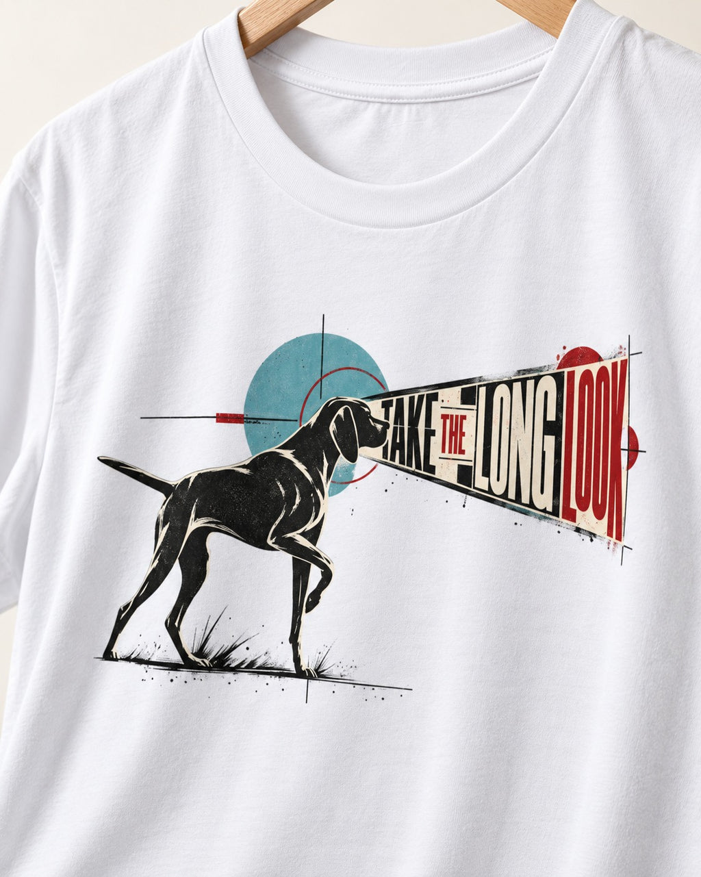 German Shorthaired Pointer Take the Long Look T-Shirt in White, close-up of the graphic