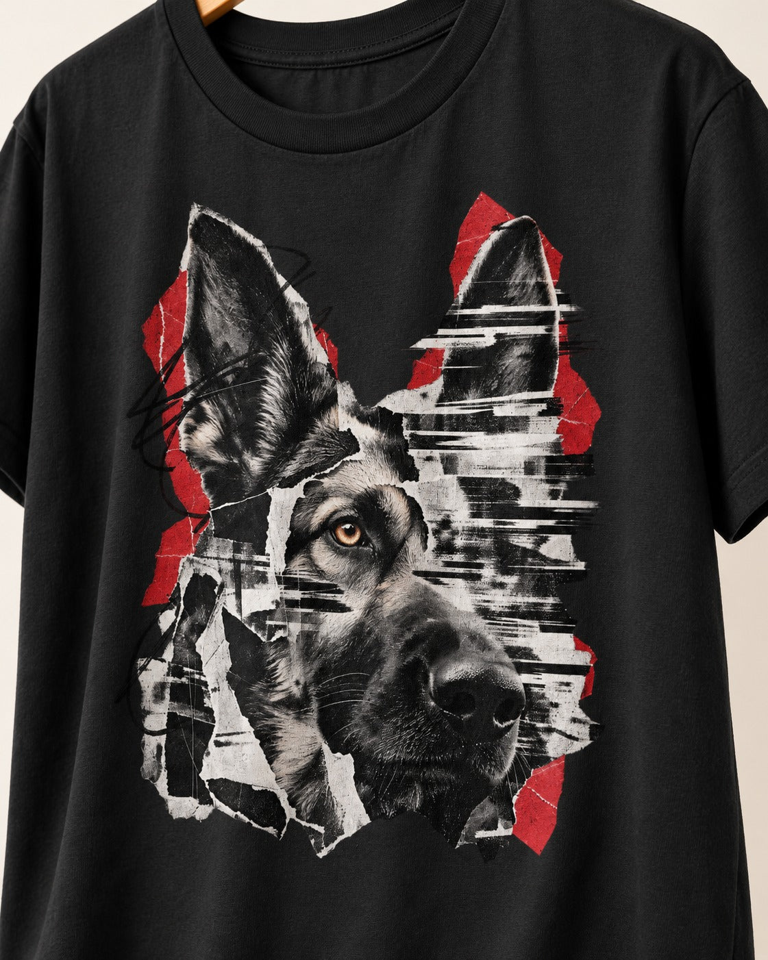 Black Signal Torn Collage German Shepherd Dog Portrait Graphic T-Shirt in Black, close-up of the graphic