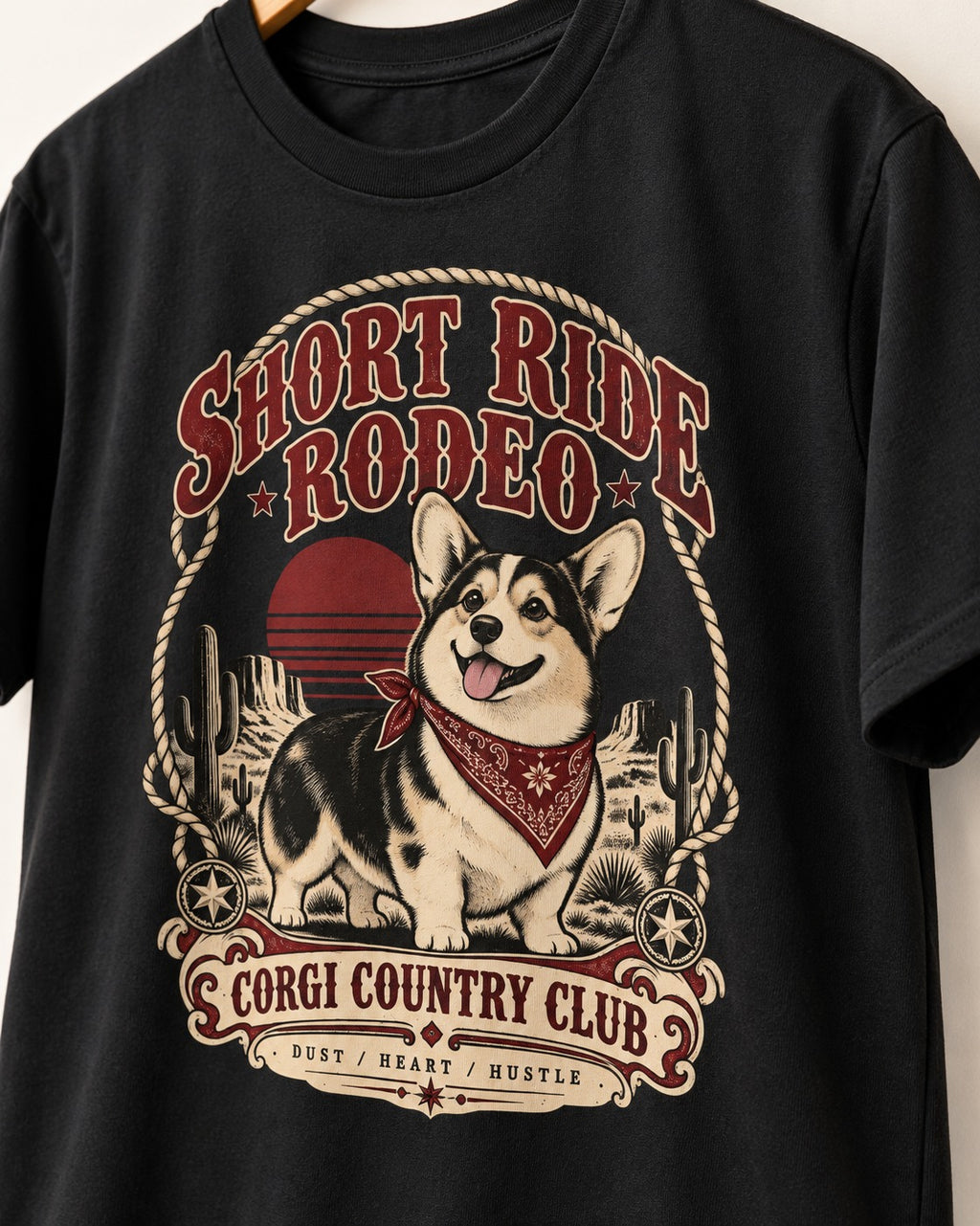 Corgi Short Ride Rodeo Country Club Badge T-Shirt in Black, close-up of the graphic