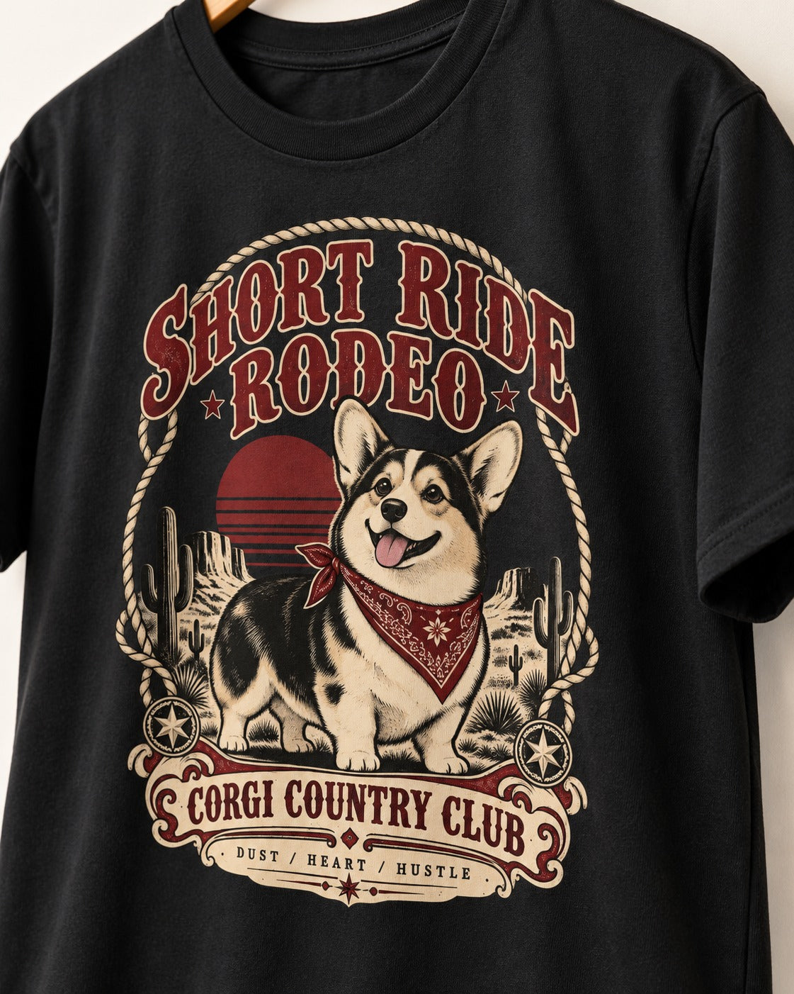 Corgi Short Ride Rodeo Country Club Badge T-Shirt in Black, close-up of the graphic