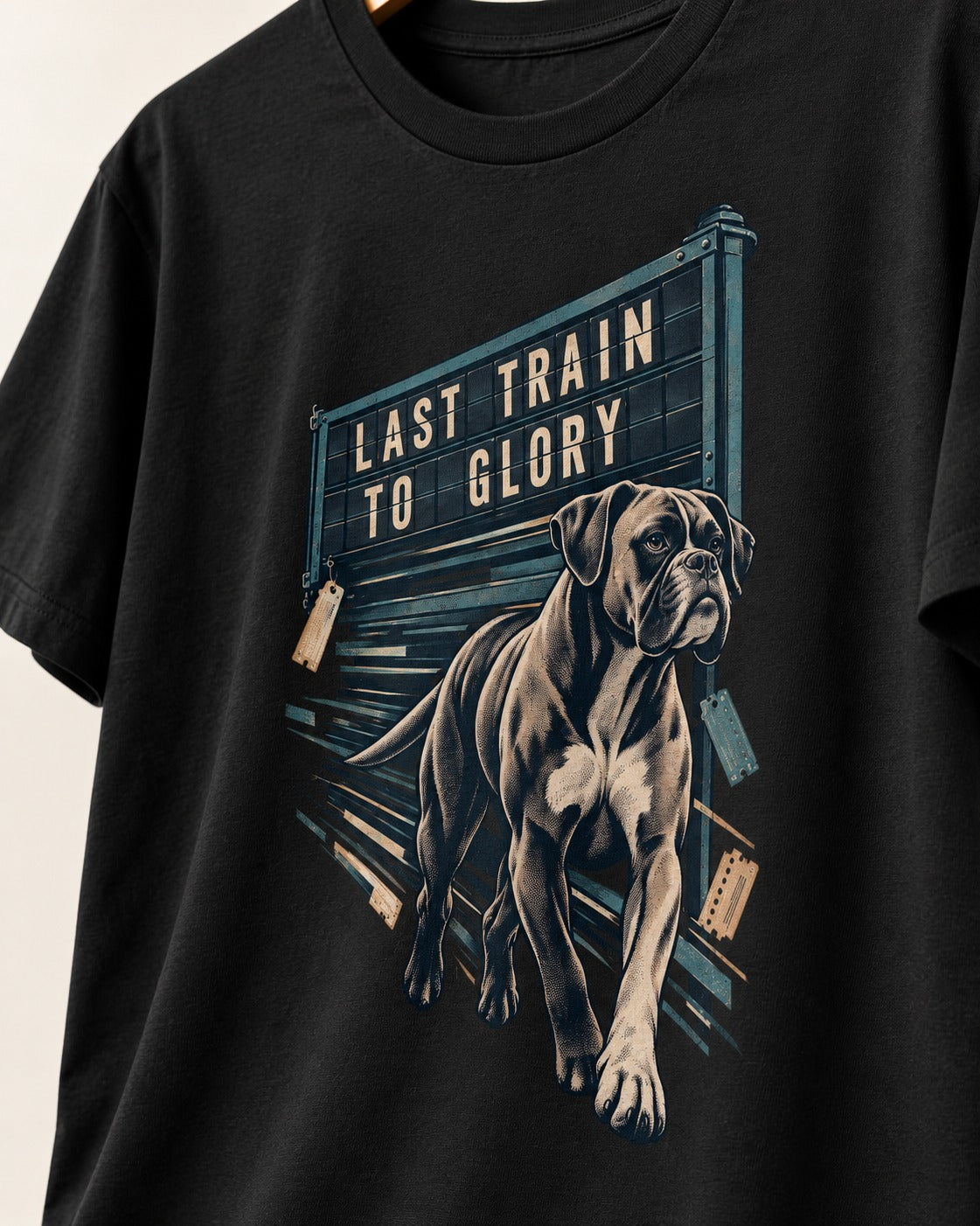 Last Train to Glory Boxer T-Shirt in Black, close-up of the graphic