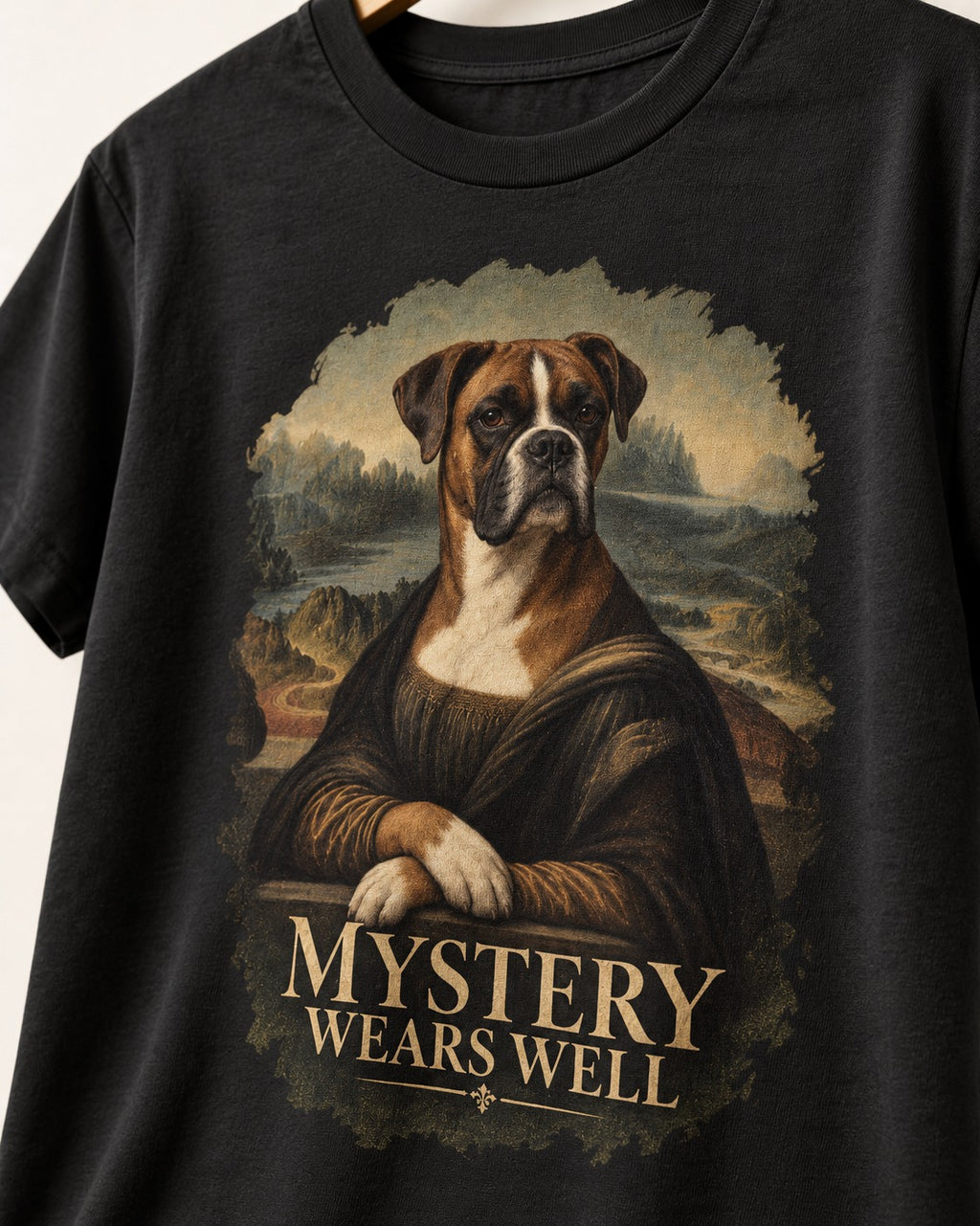 Mystery Wears Well Boxer Mona Lisa Portrait T-Shirt in Black, close-up of the graphic