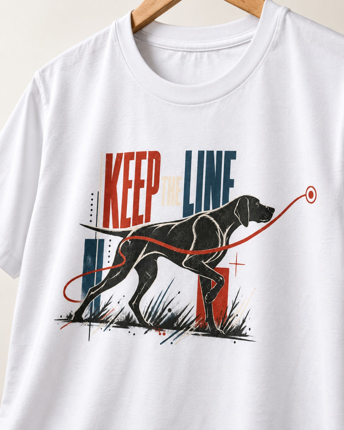 Keep the Line German Shorthaired Pointer T-Shirt in White, close-up of the graphic