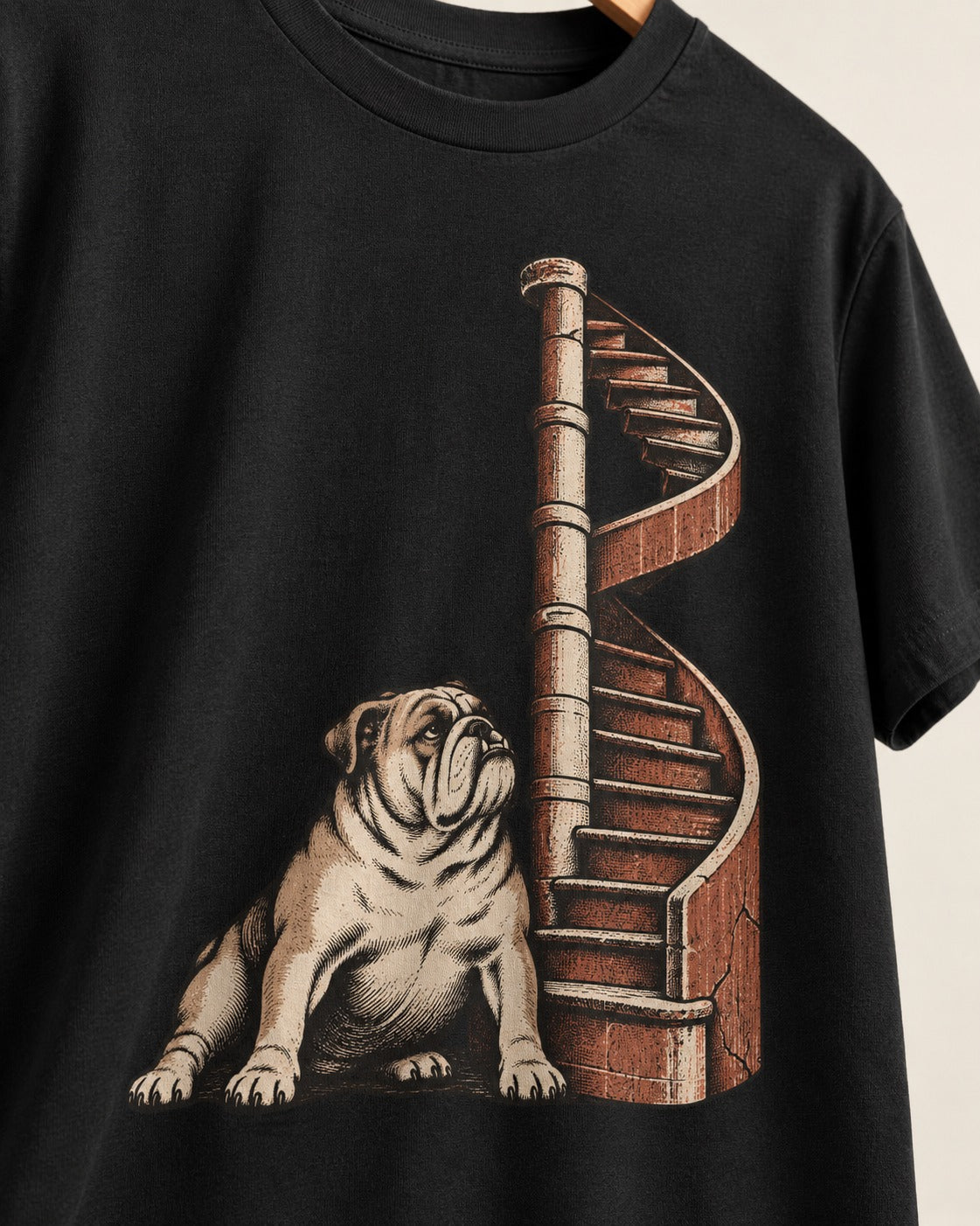 English Bulldog Spiral Staircase Graphic T-Shirt in Black, close-up of the graphic