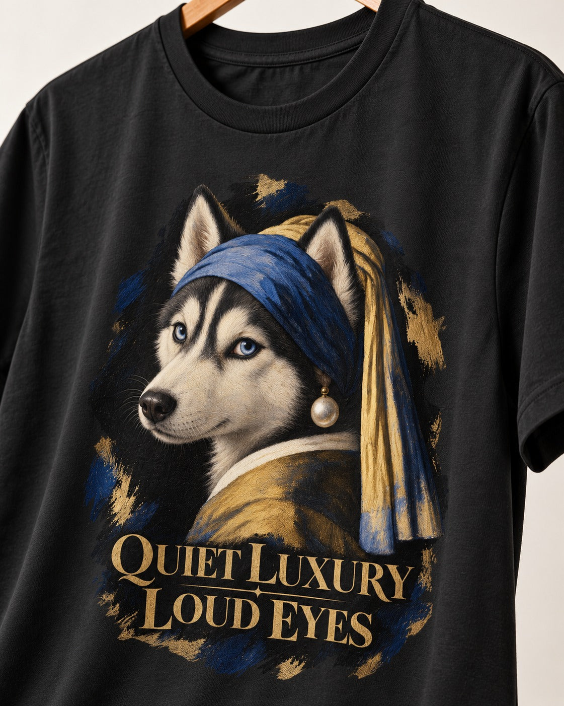 Husky Quiet Luxury Loud Eyes Pearl Portrait Graphic T-Shirt in Black, close-up of the graphic