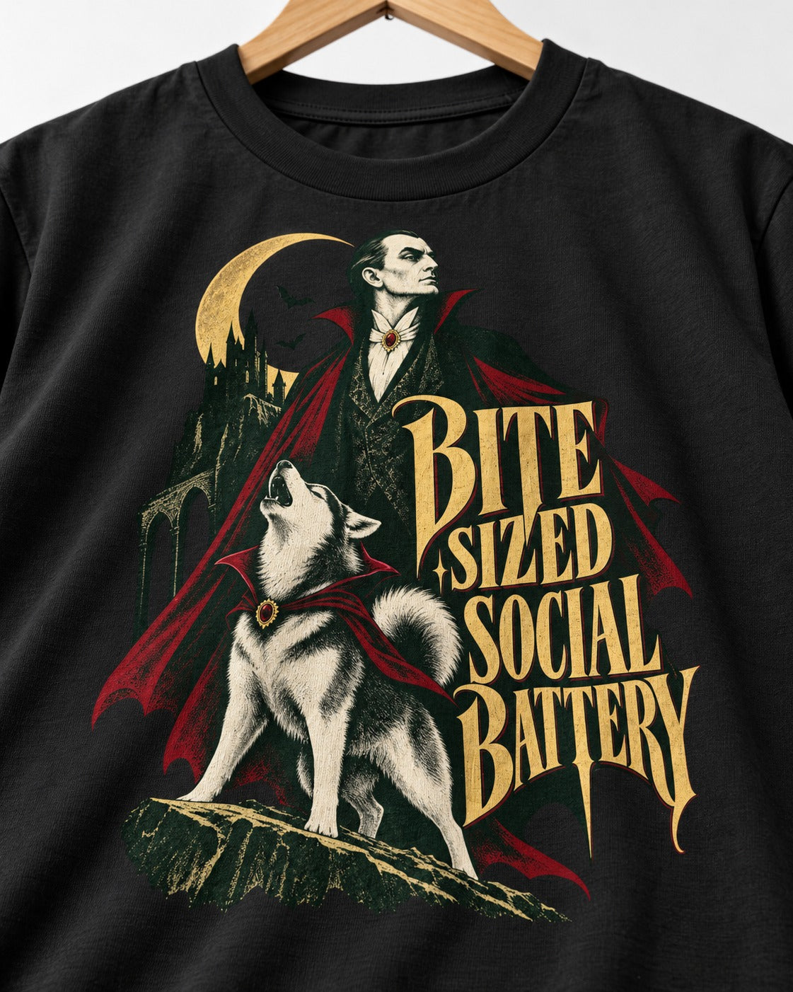 Husky Bite Sized Social Battery Vampire Graphic T-Shirt in Black, close-up of the graphic
