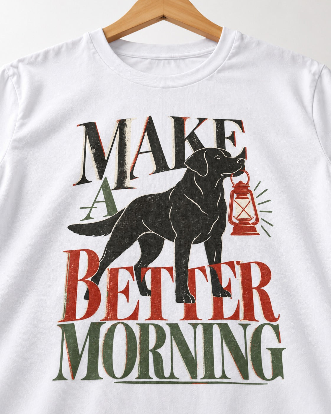 Make a Better Morning Labrador Retriever T-Shirt in White, close-up of the graphic