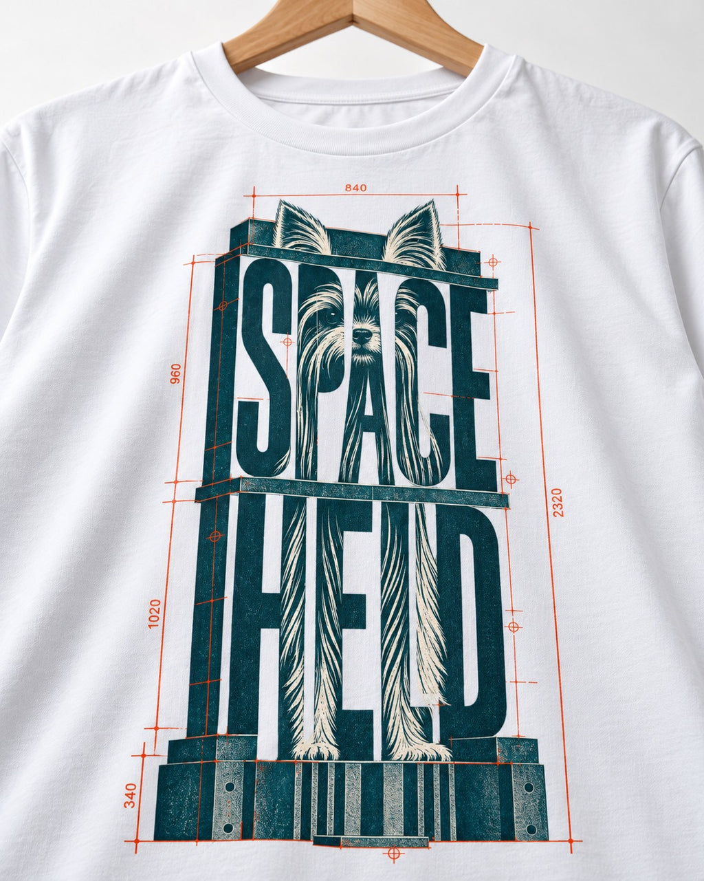 Yorkshire Terrier Space Head T-Shirt in White, close-up of the graphic