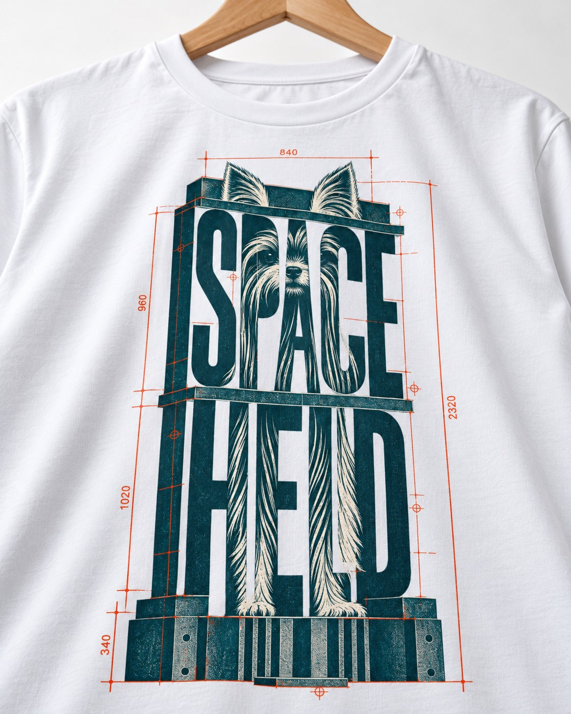 Yorkshire Terrier Space Head T-Shirt in White, close-up of the graphic