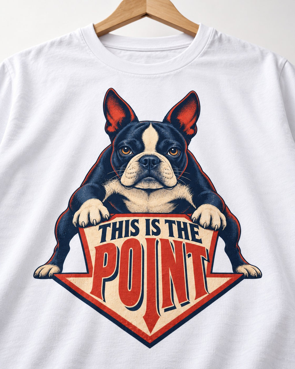Boston Terrier Is the Point T-Shirt in White, close-up of the graphic