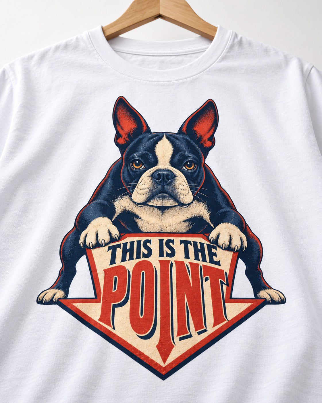 Boston Terrier Is the Point T-Shirt in White, close-up of the graphic