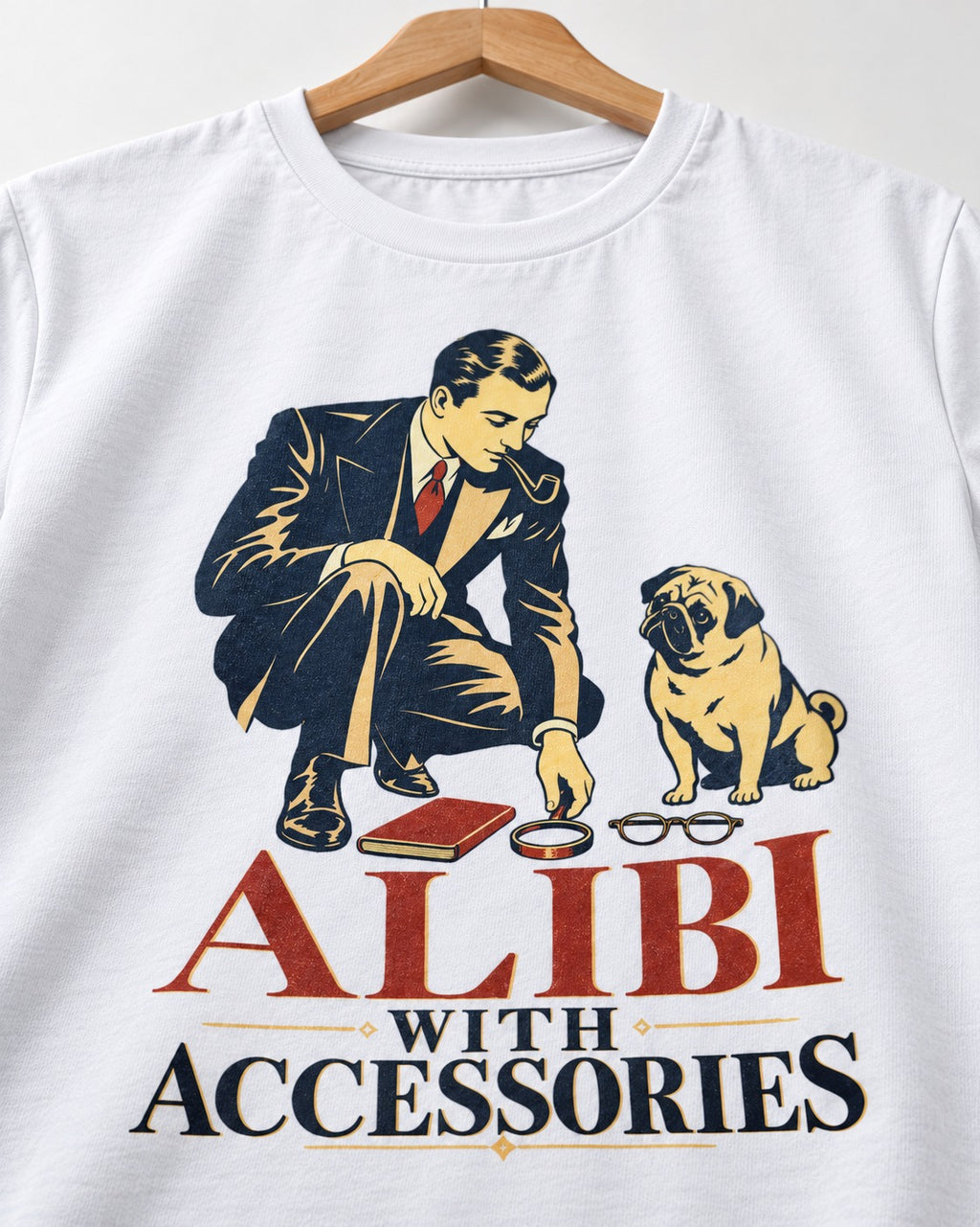 Pug Alibi with Accessories T-Shirt in White, close-up of the graphic