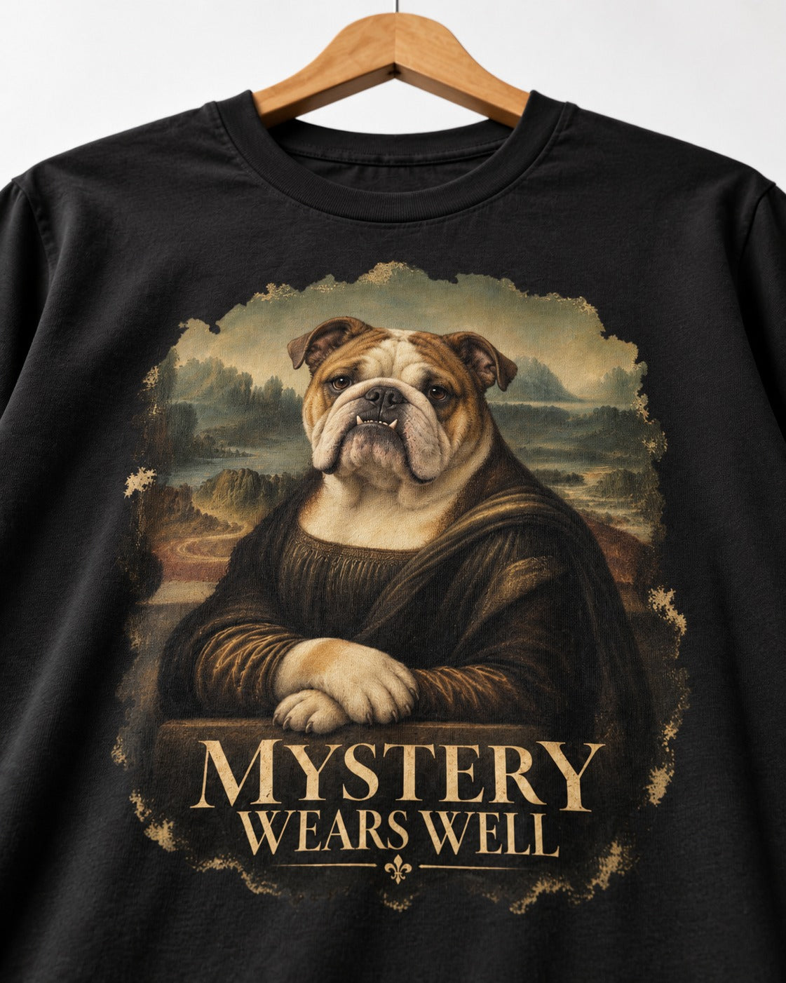 English Bulldog Mystery Wears Well Mona Lisa Portrait T-Shirt in Black, close-up of the graphic