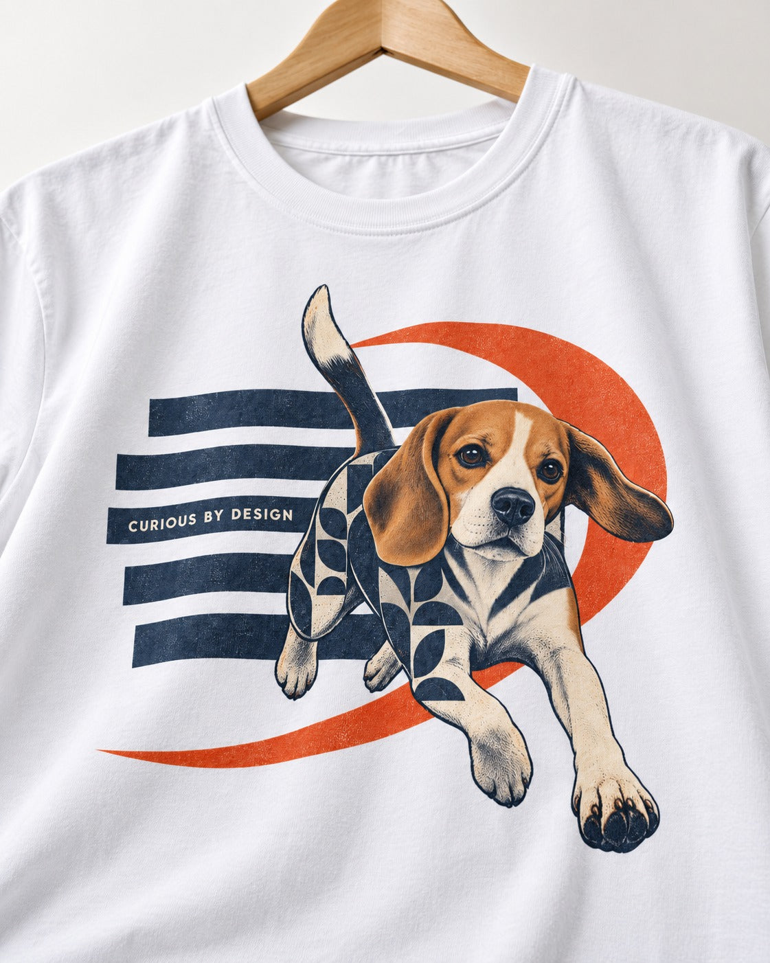 Beagle Born Curious T-Shirt in White, close-up of the graphic