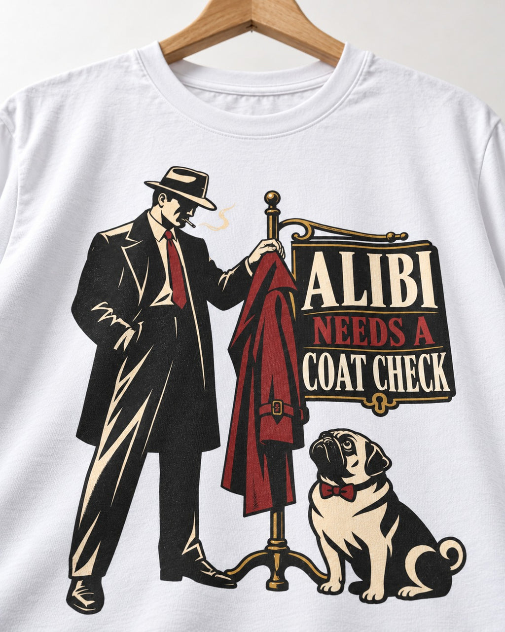 Pug Alibi Needs Coat Check T-Shirt in White, close-up of the graphic