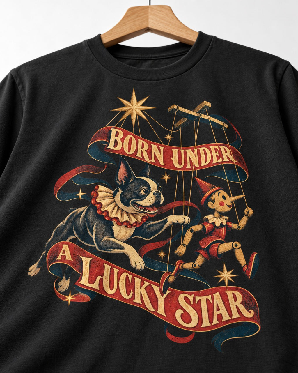 Born Under a Lucky Star Boston Terrier T-Shirt in Black, close-up of the graphic