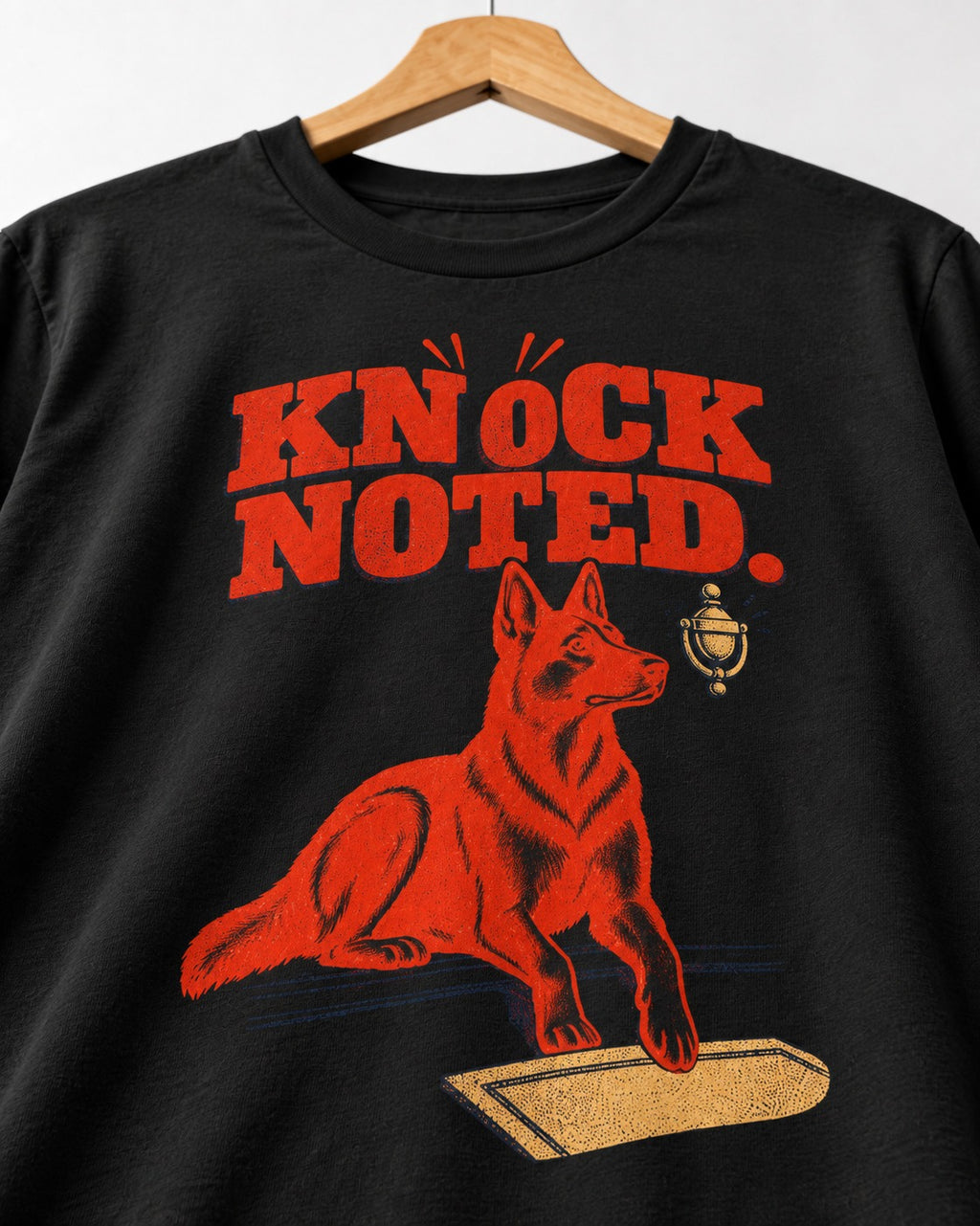 Knock Noted Door Knocker German Shepherd Dog Graphic T-Shirt in Black, close-up of the graphic