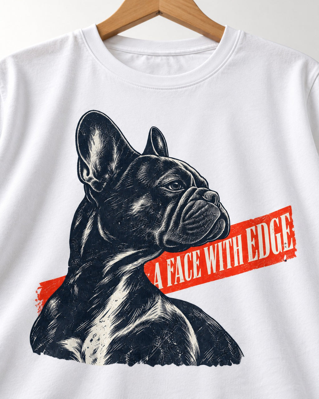 Frenchie Face with Edge T-Shirt in White, close-up of the graphic