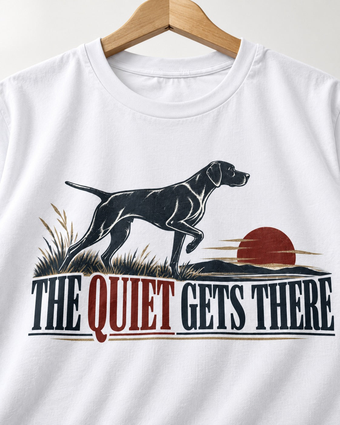 The Quiet Gets There German Shorthaired Pointer T-Shirt in White, close-up of the graphic