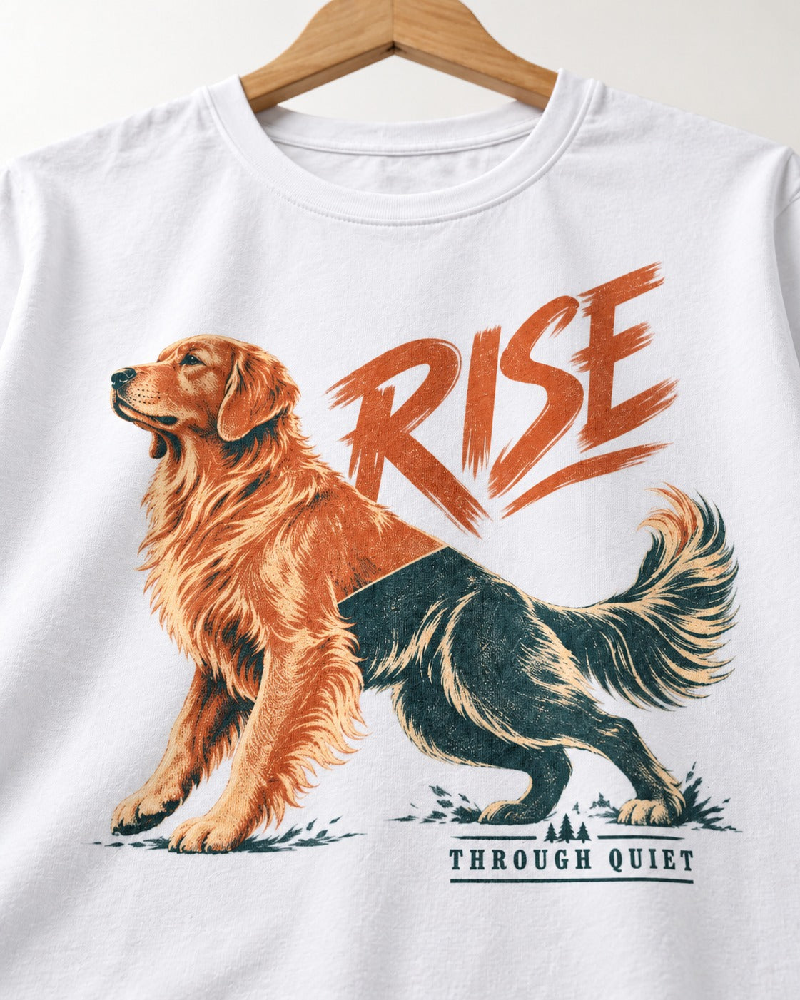 Golden Retriever Rise Through Quiet T-Shirt in White, close-up of the graphic