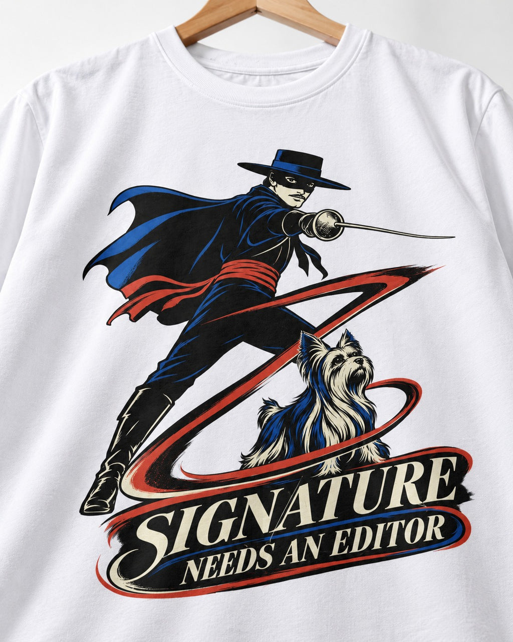Yorkshire Terrier Signature Needs an Editor T-Shirt in White, close-up of the graphic