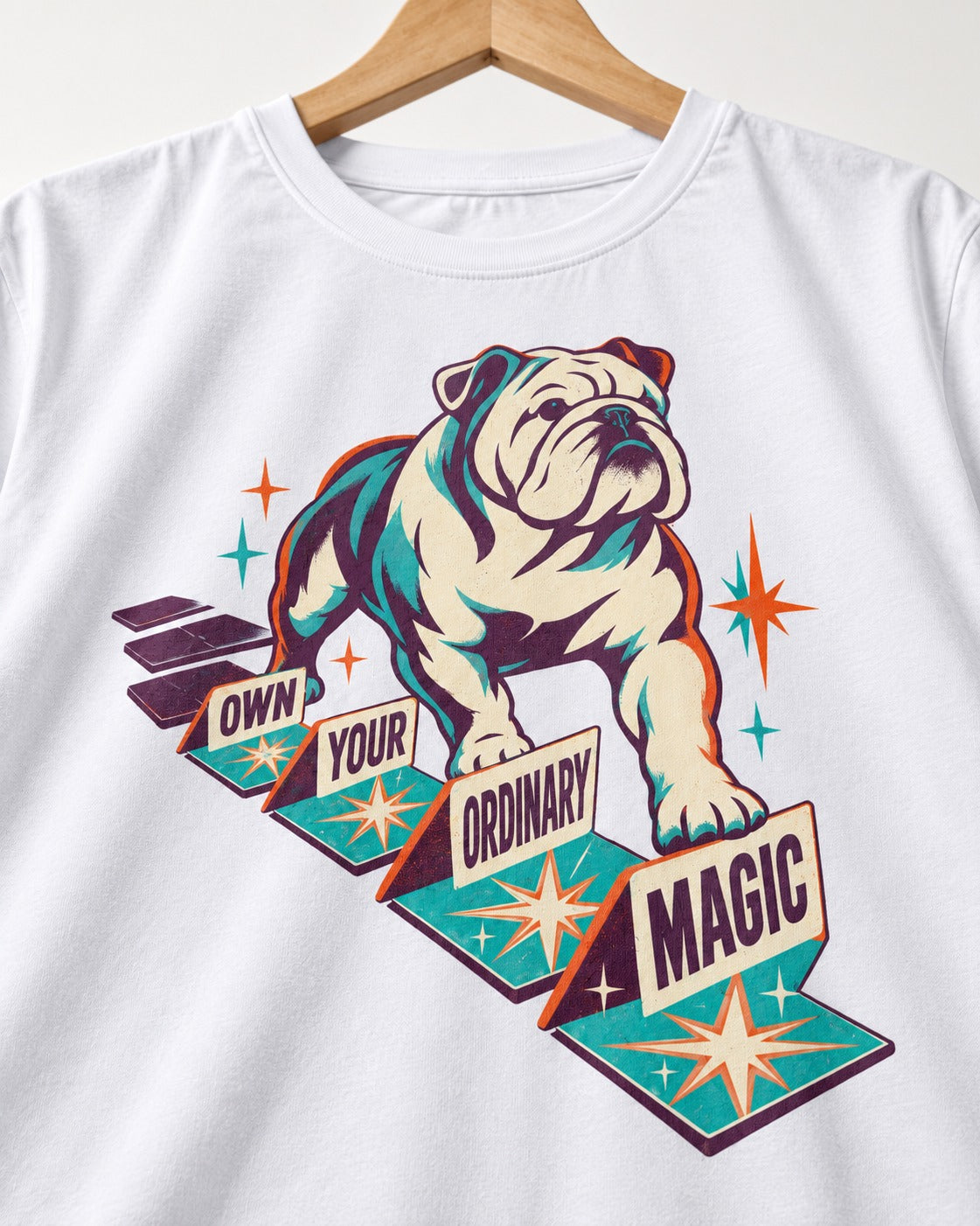 English Bulldog's Ordinary Magic T-Shirt in White, close-up of the graphic