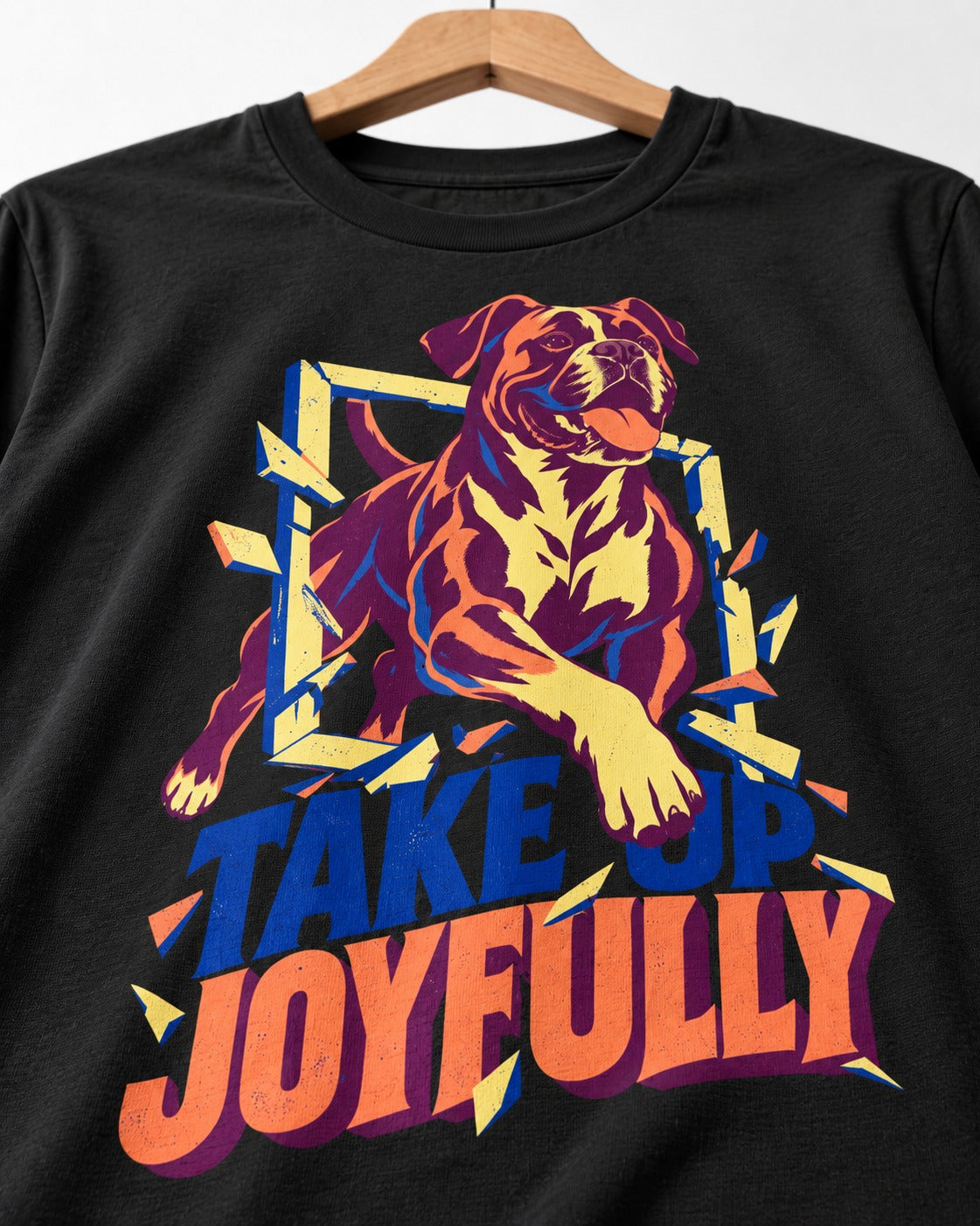Take Up Joyfully Boxer Breakthrough Graphic T-Shirt in Black, close-up of the graphic