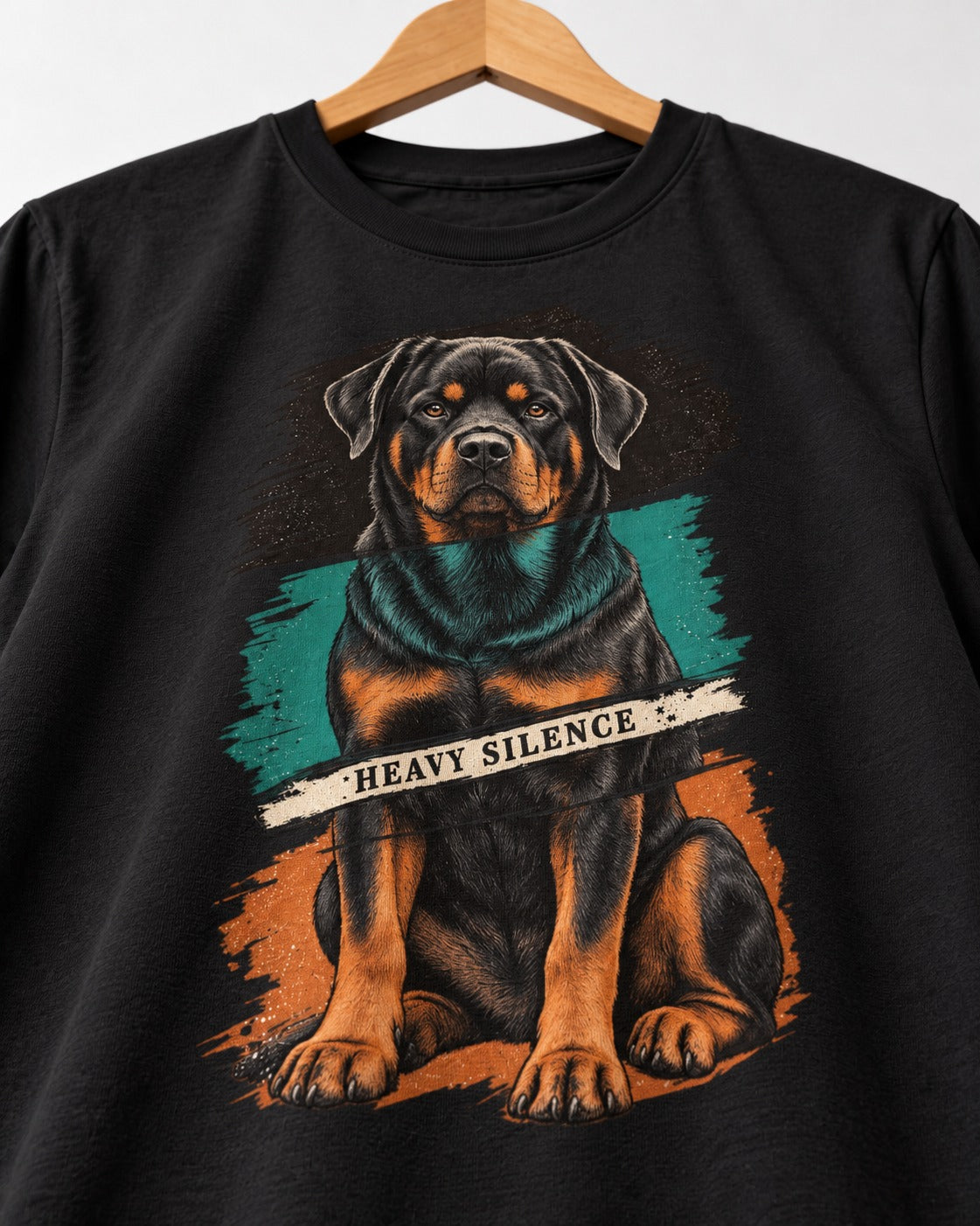 Rottweiler Heavy Silence Brushstroke Portrait Graphic T-Shirt in Black, close-up of the graphic