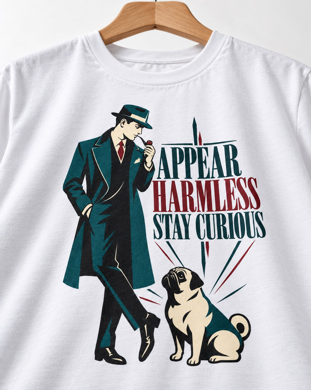 Pug Appear Harmless Stay Curious T-Shirt in White, close-up of the graphic