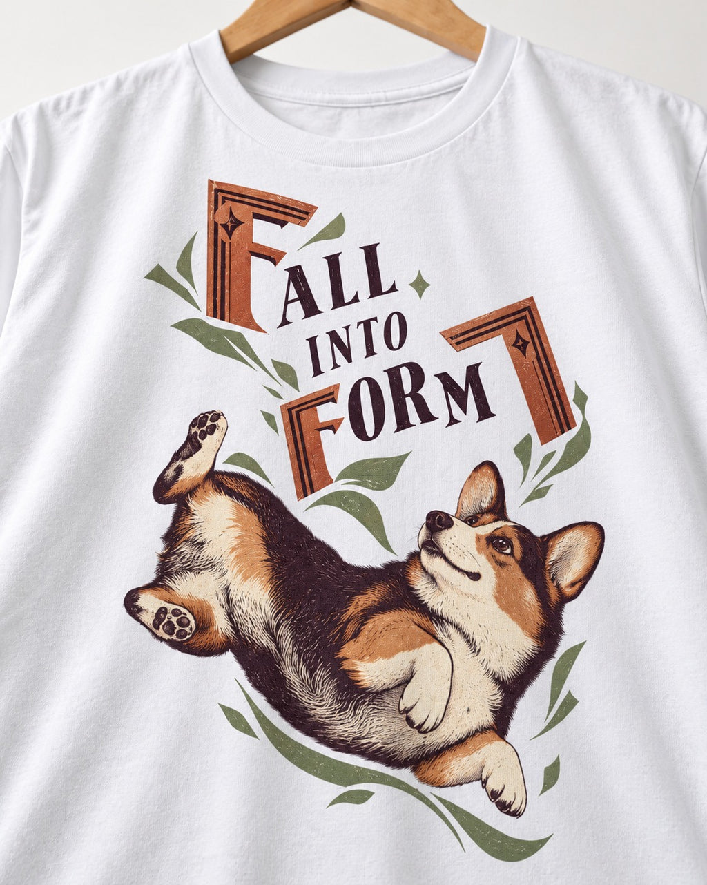 Corgi Fall Into Form T-Shirt in White, close-up of the graphic