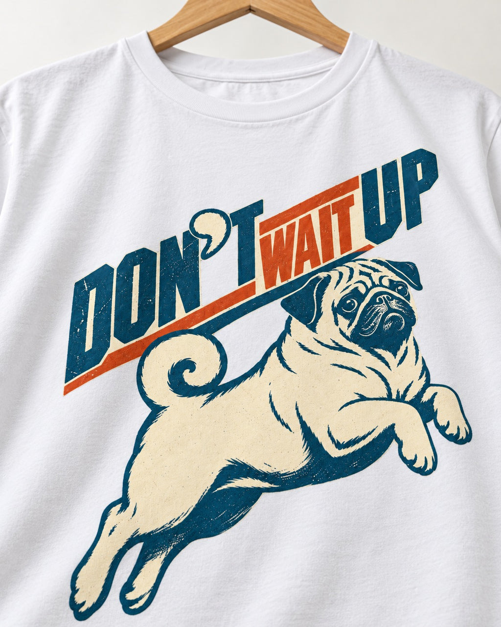 Don't Wait Up for Pug T-Shirt in White, close-up of the graphic
