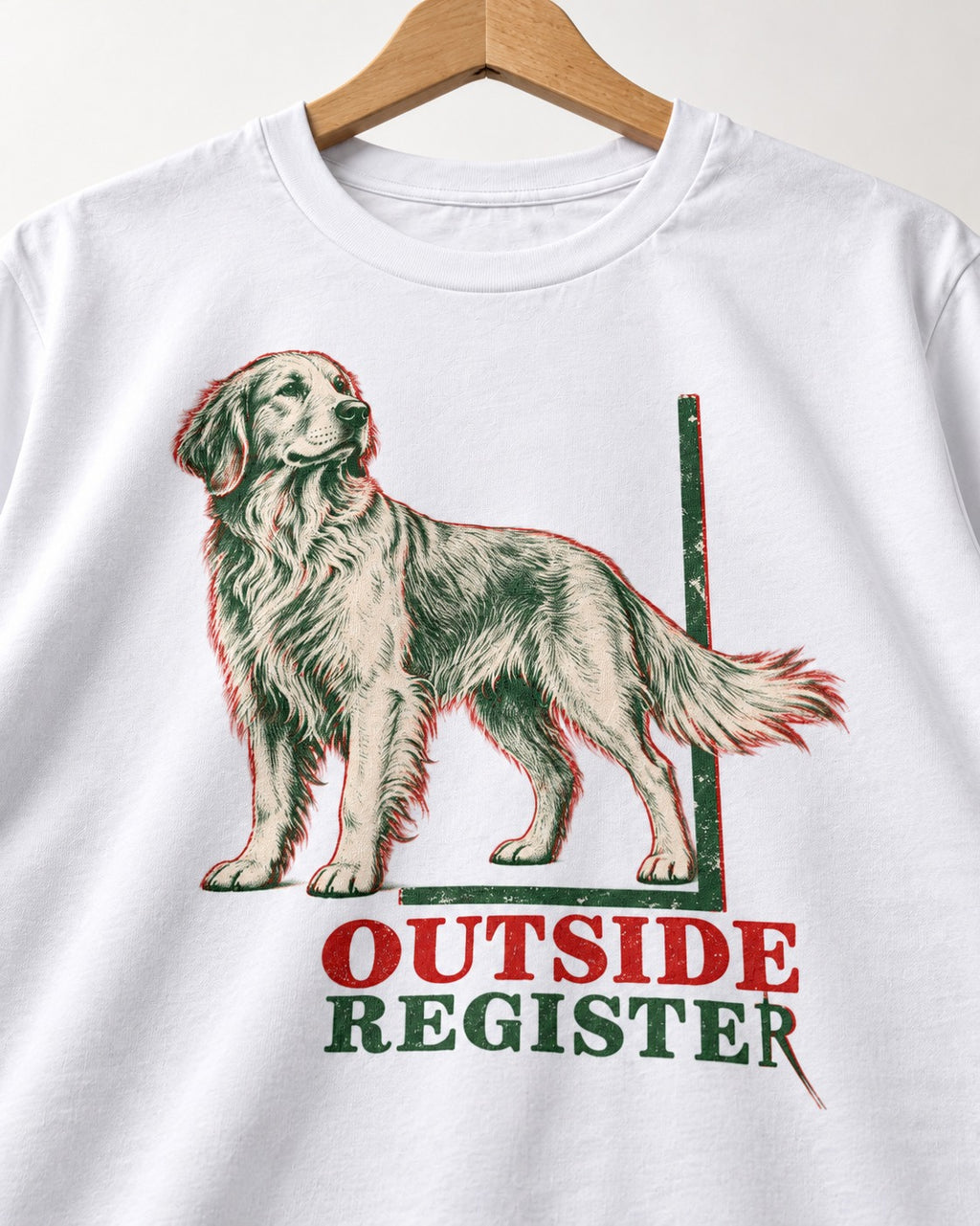 Outside Register Golden Retriever T-Shirt in White, close-up of the graphic