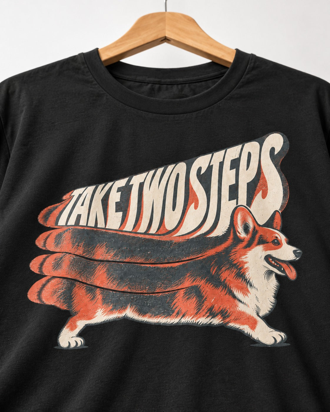 Corgi Take Two Steps Motion Trail Graphic T-Shirt in Black, close-up of the graphic