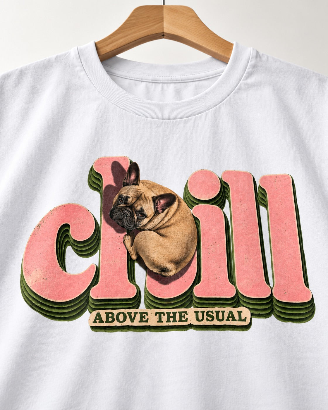 Frenchie Chill T-Shirt in White, close-up of the graphic