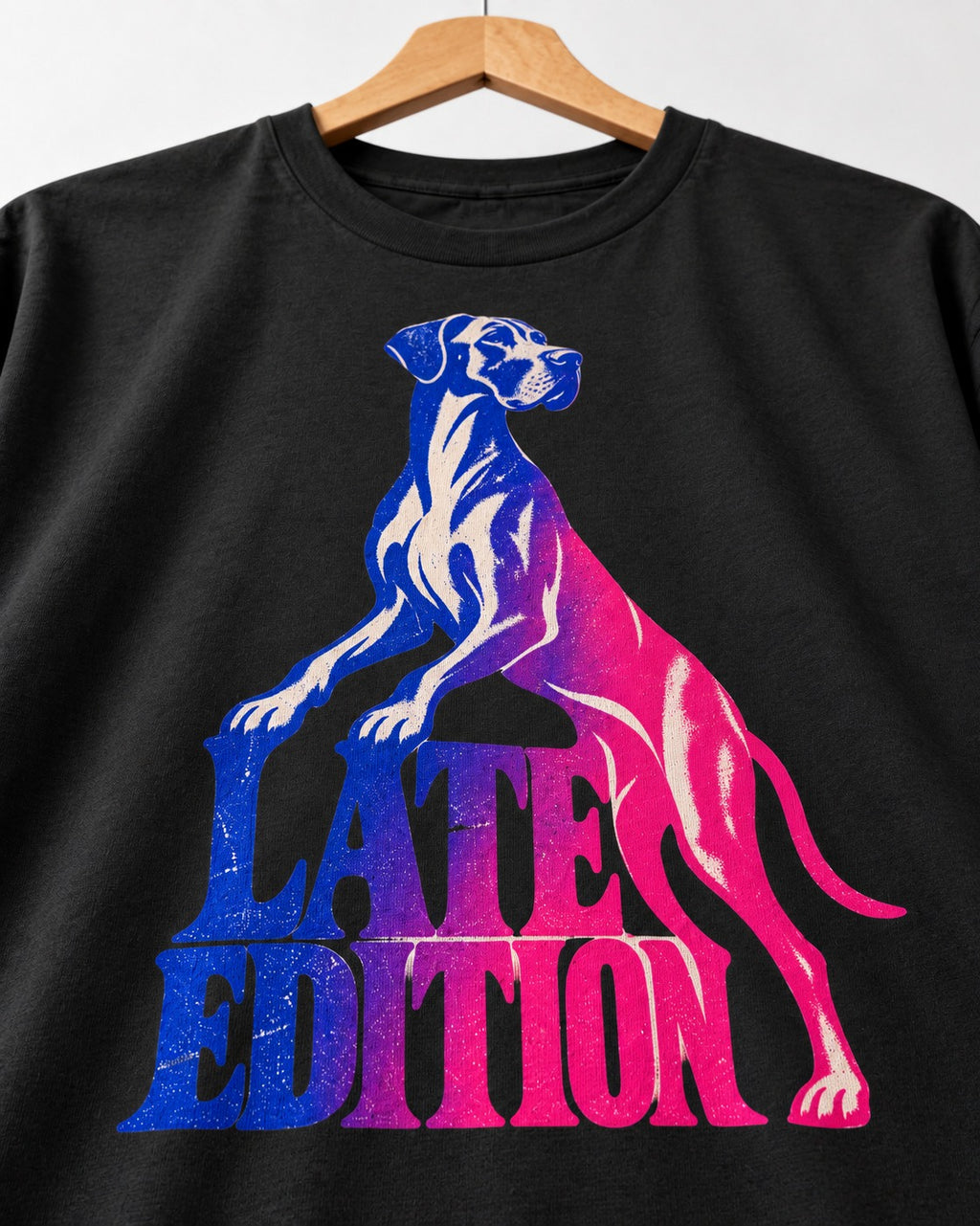 Great Dane Latest Edition Gradient Graphic T-Shirt in Black, close-up of the graphic