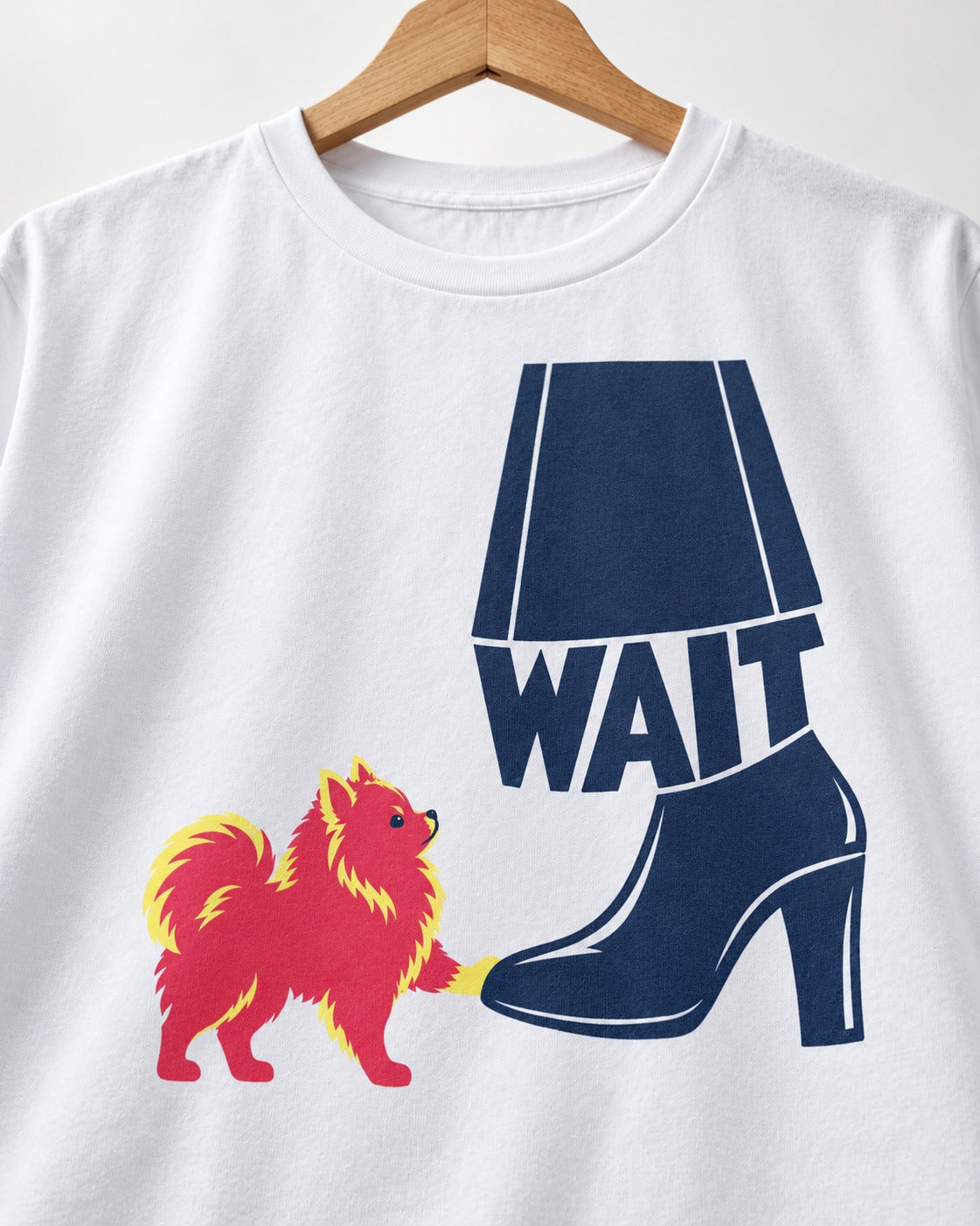 Pomeranian Says Wait T-Shirt in White, close-up of the graphic