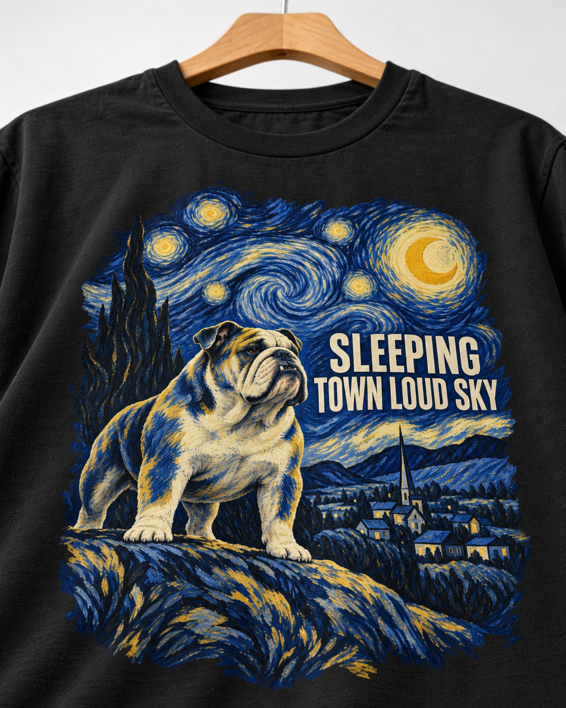 English Bulldog Sleeping Town Loud Sky Starry Night Graphic T-Shirt in Black, close-up of the graphic