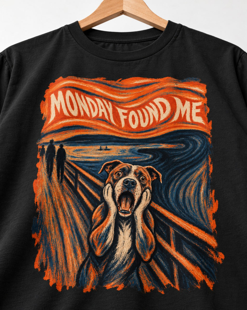 Pitbull Monday Found Me Expressionist Scream Graphic T-Shirt in Black, close-up of the graphic
