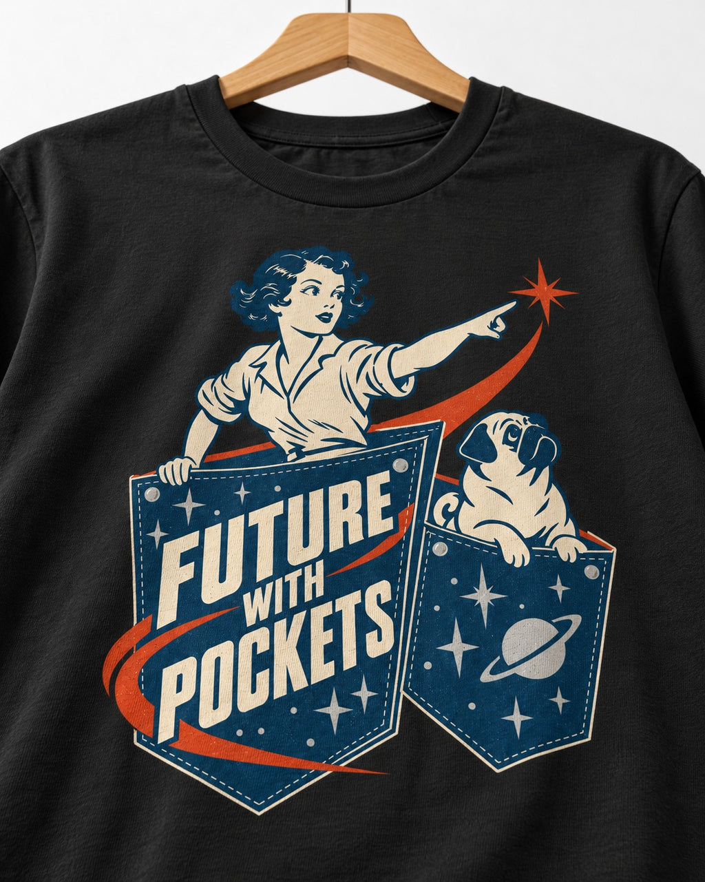 Pug Future with Pockets Space Pocket Graphic T-Shirt in Black, close-up of the graphic