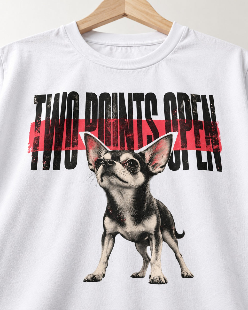 Two Points Open Chihuahua T-Shirt in White, close-up of the graphic