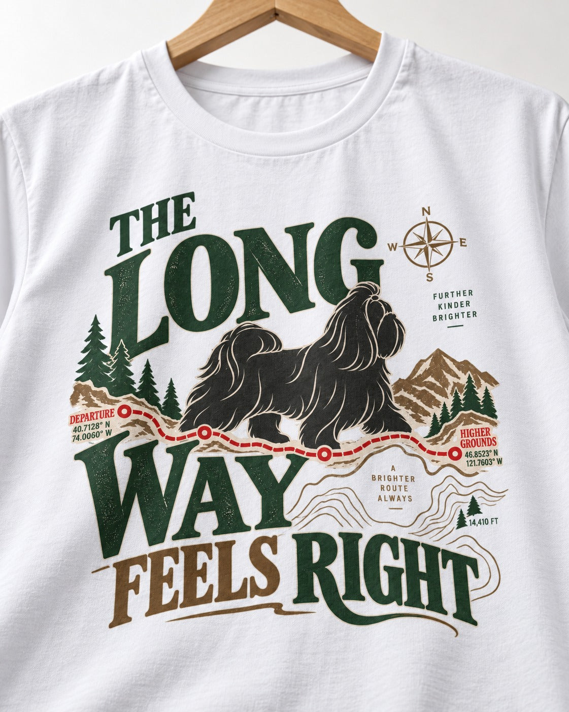Shih Tzu Takes the Long Way T-Shirt in White, close-up of the graphic