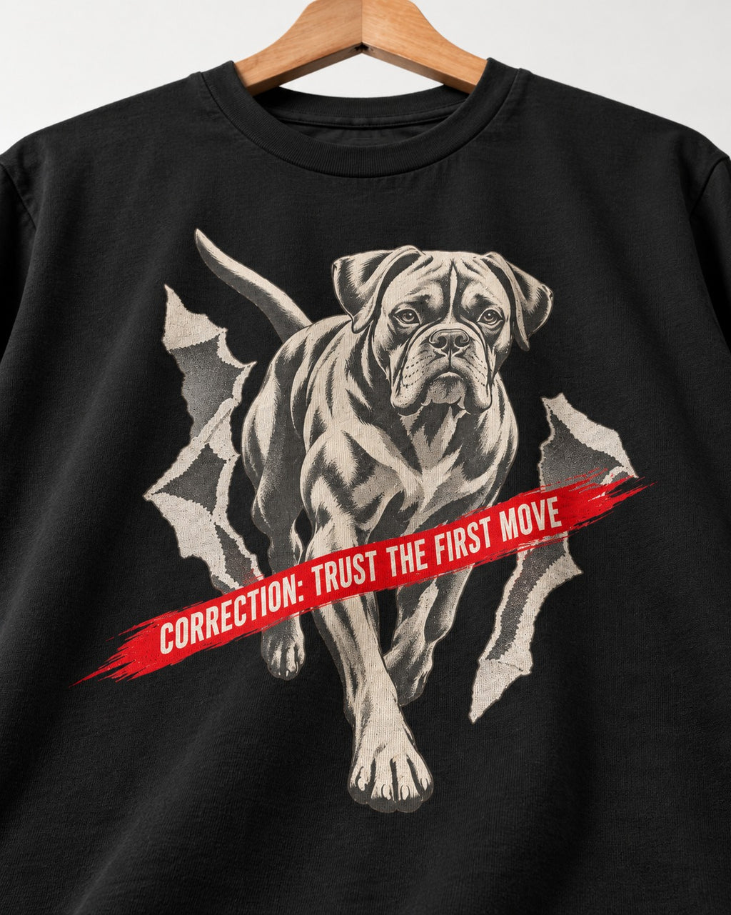 Mastiff Mismatch Boxer Needs Review T-Shirt in Black, close-up of the graphic